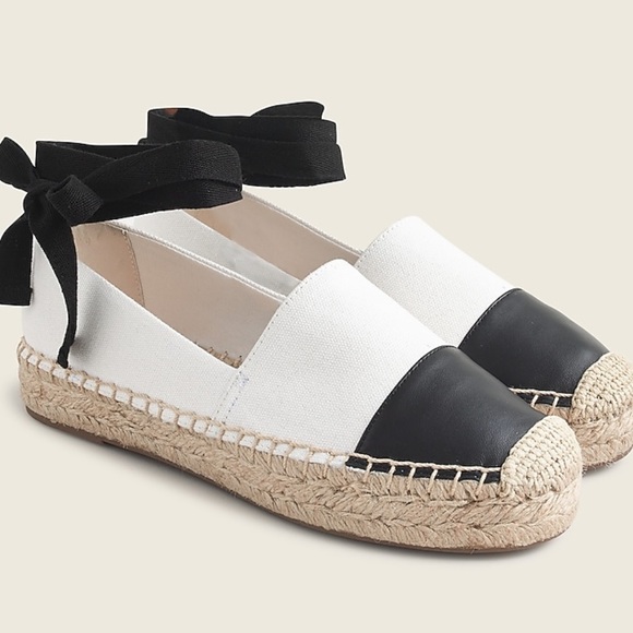 New J. Crew Canvas Espadrille Flats With Leather Cap Toe White Black Siz… - Picture 14 of 15
